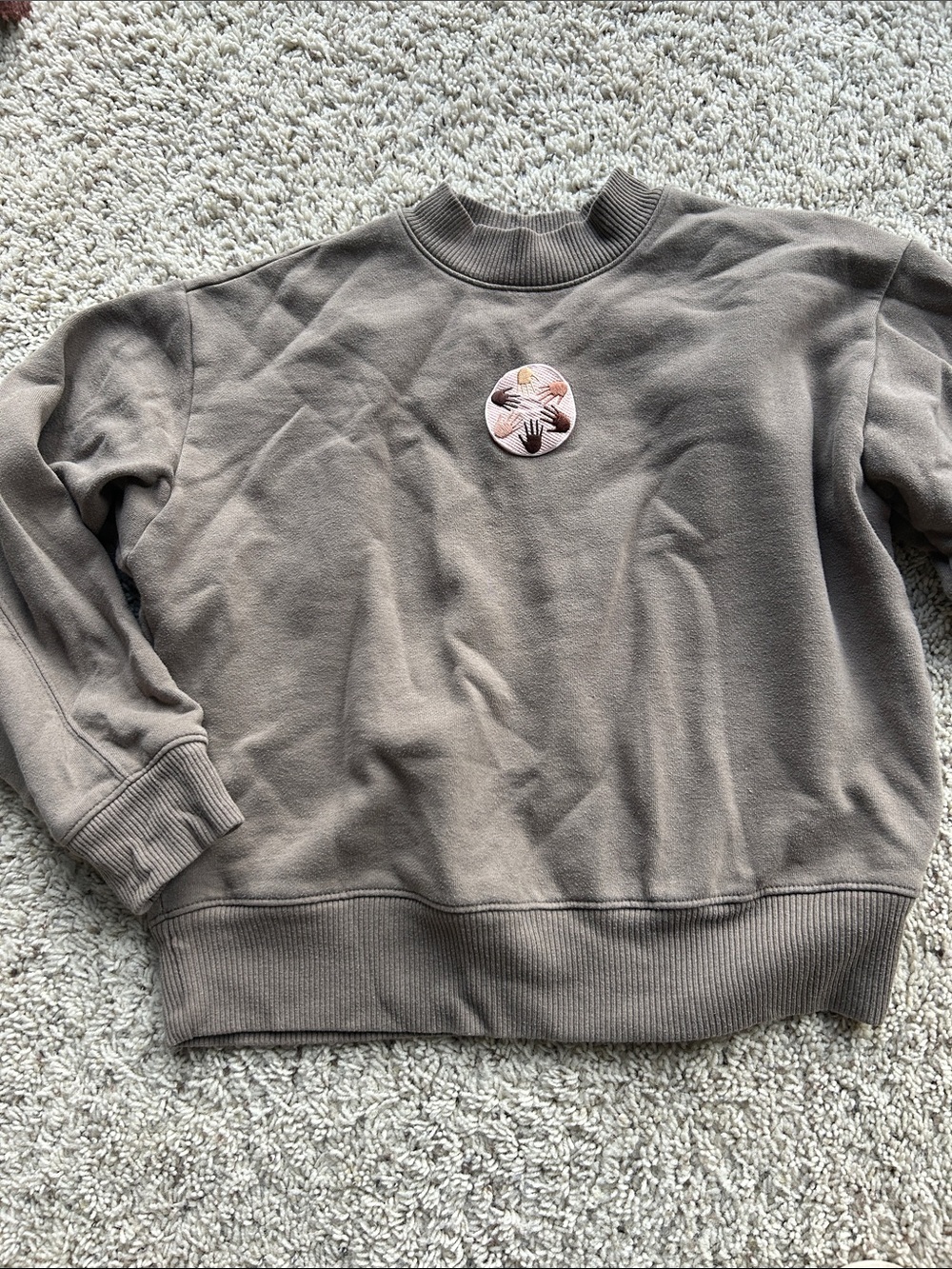 Taupe Sweatshirt with Circular Hands Patch, size XS